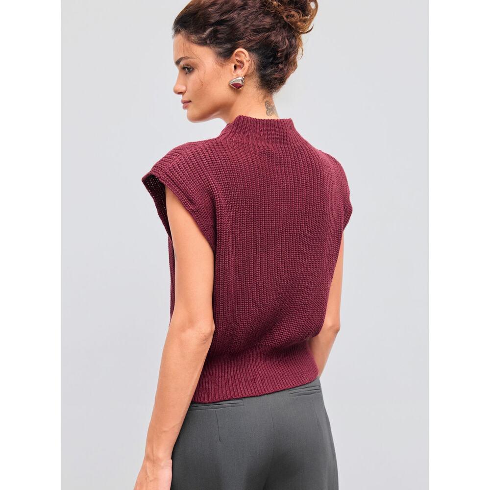 Cider Oxblood Mock Neck Sweater Vest Cap Sleeve Shoulder Pad Knit Top XXS